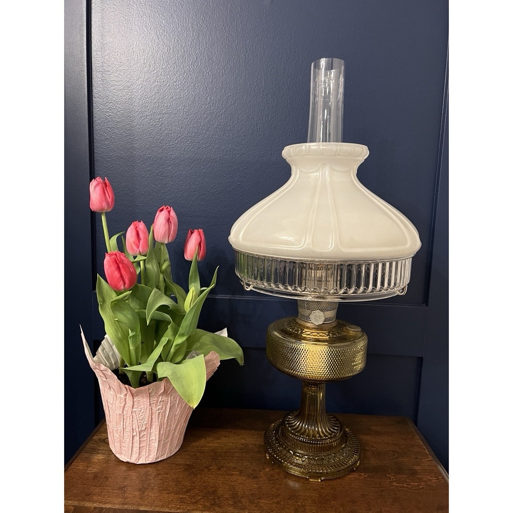 Aladdin Colonial B 106 Amber Beta Crystal Hobnail Kerosene Oil Lamp w Opal Shade